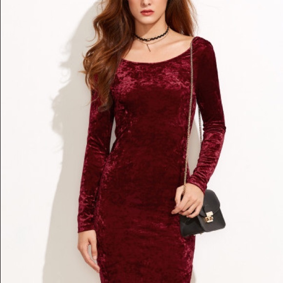 Burgundy Draped Back Velvet Bodycon - Dress - Picture 4 of 6